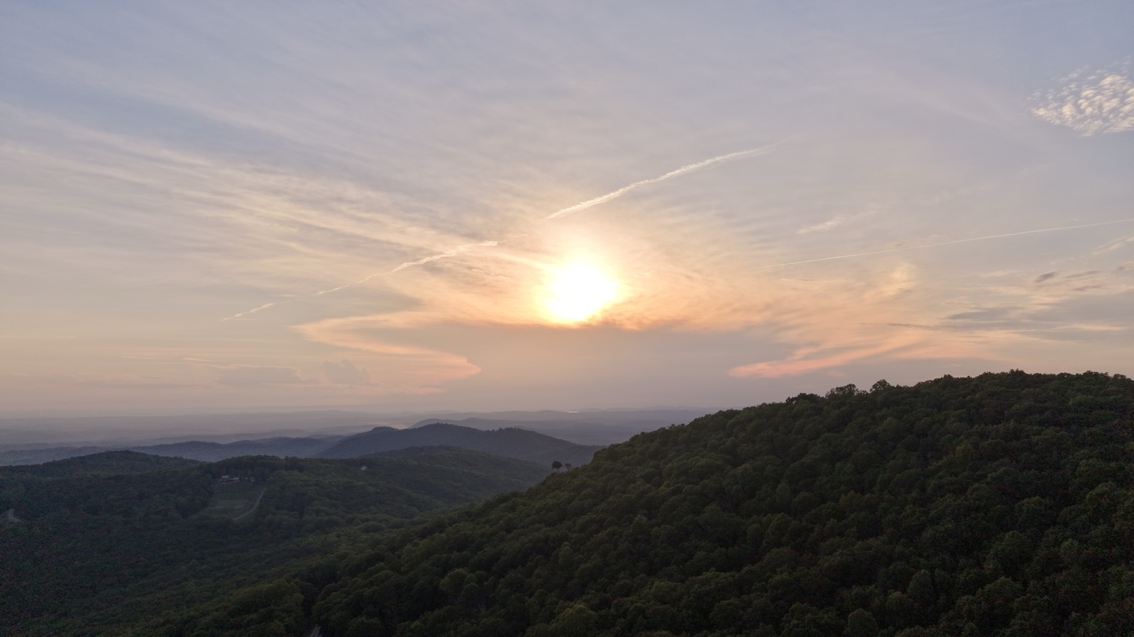 Drone view of sunset over North Georgia ridges