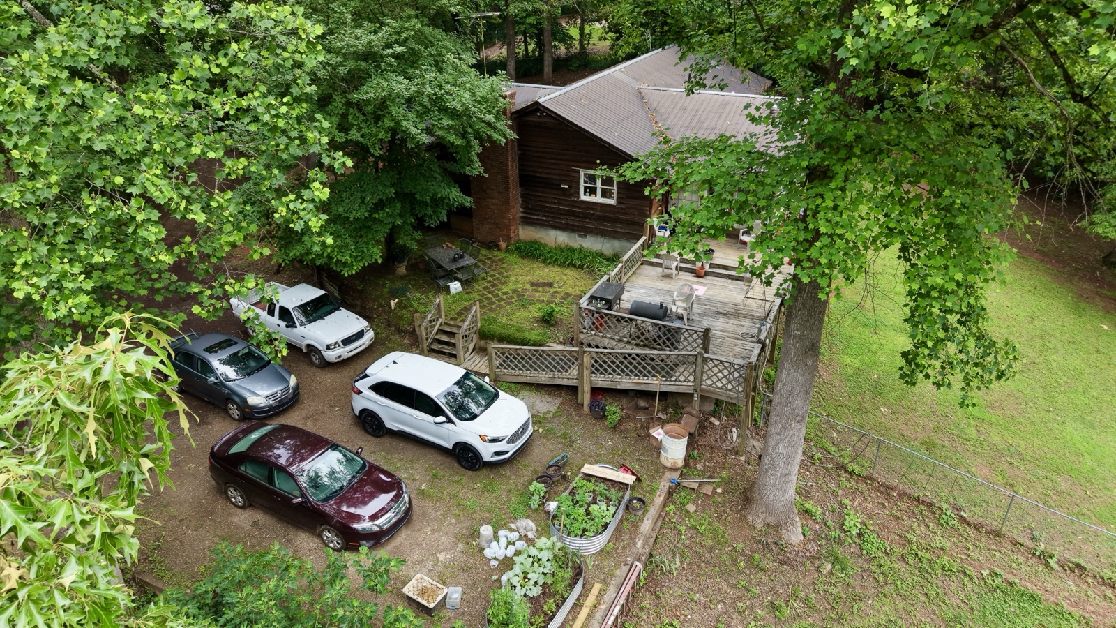 Overhead drone view of cabin